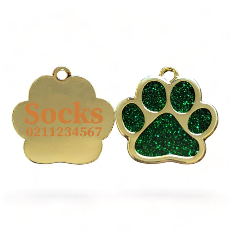 ⭐️Purr. Meow. Woof.⭐️ - Gold Paw Print Cat & Dog ID Pet Tag - Green