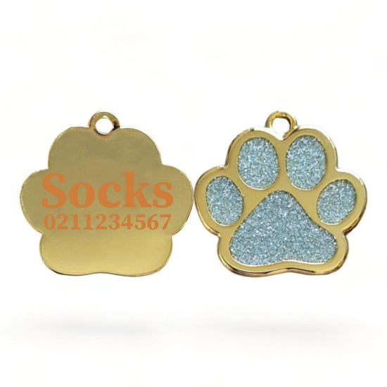 ⭐️Purr. Meow. Woof.⭐️ - Gold Paw Print Cat & Dog ID Pet Tag - White