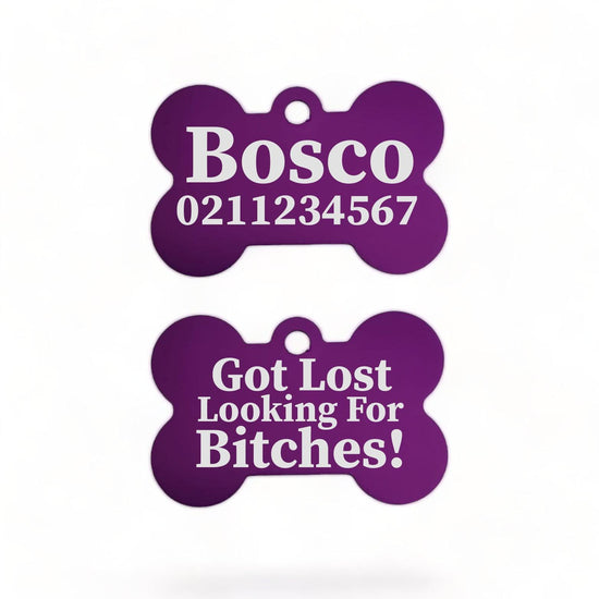 ⭐️Purr. Meow. Woof.⭐️ - Got Lost Looking For Bitches | Bone Aluminium | Dog ID Pet Tag - Purple