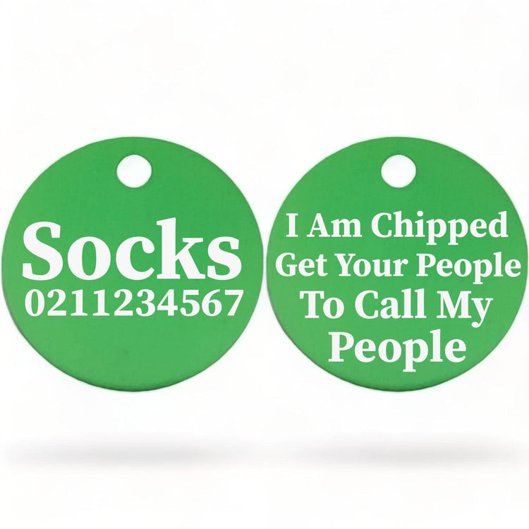 ⭐️Purr. Meow. Woof.⭐️ - I am Chipped, Get Your People To Call My People | Round Aluminium | Cat & Kitten ID Pet Tag - MediumSpringGreen