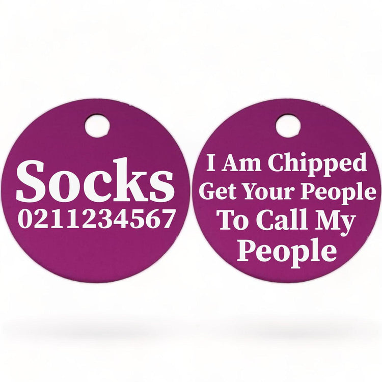 ⭐️Purr. Meow. Woof.⭐️ - I am Chipped, Get Your People To Call My People | Round Aluminium | Cat & Kitten ID Pet Tag - Purple