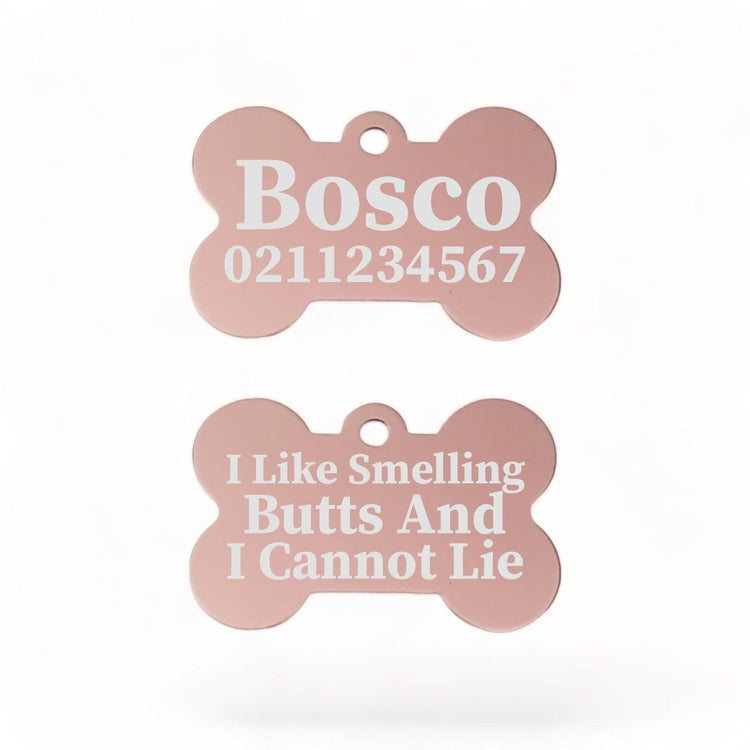 ⭐️Purr. Meow. Woof.⭐️ - I Like Smelling Butts | Bone Aluminium | Dog ID Pet Tag - LightPink
