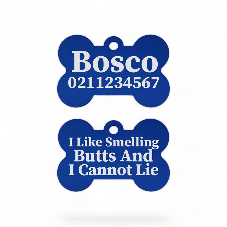 ⭐️Purr. Meow. Woof.⭐️ - I Like Smelling Butts | Bone Aluminium | Dog ID Pet Tag - RoyalBlue