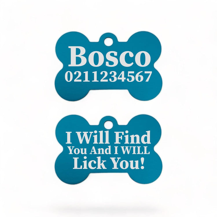⭐️Purr. Meow. Woof.⭐️ - I Will Find You & I Will Lick You | Bone Aluminium | Dog ID Pet Tag - DodgerBlue
