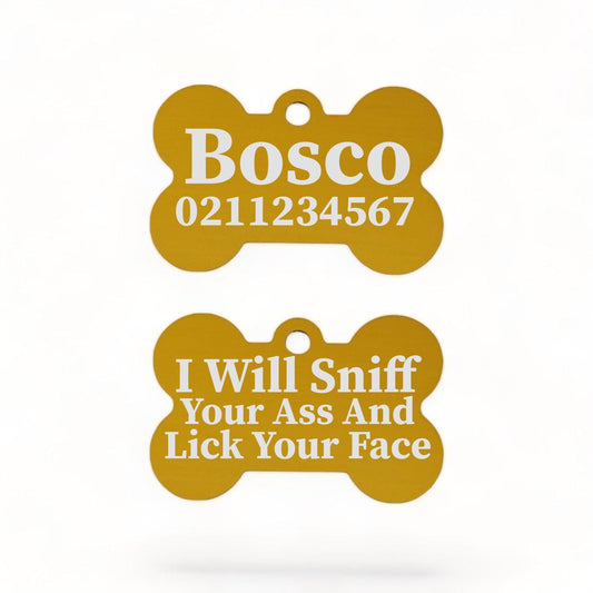 ⭐️Purr. Meow. Woof.⭐️ - I Will Sniff Your Ass & Lick Your Face | Bone Aluminium | Dog ID Pet Tag - Gold