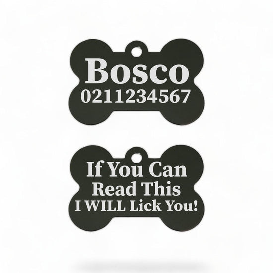 ⭐️Purr. Meow. Woof.⭐️ - If You Can Read This I Will Lick You | Bone Aluminium | Dog ID Pet Tag - Black
