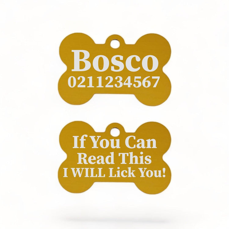⭐️Purr. Meow. Woof.⭐️ - If You Can Read This I Will Lick You | Bone Aluminium | Dog ID Pet Tag - Gold