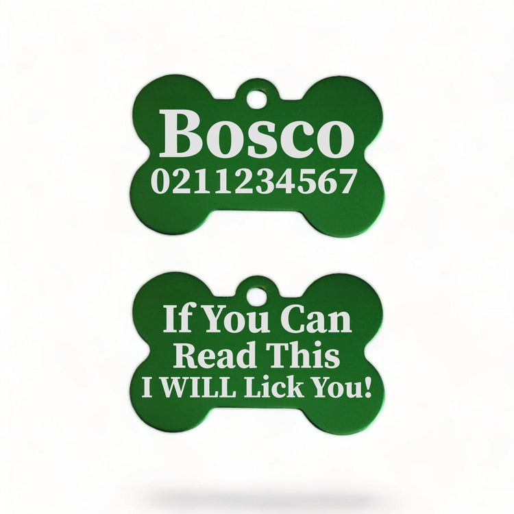 ⭐️Purr. Meow. Woof.⭐️ - If You Can Read This I Will Lick You | Bone Aluminium | Dog ID Pet Tag - MediumSpringGreen