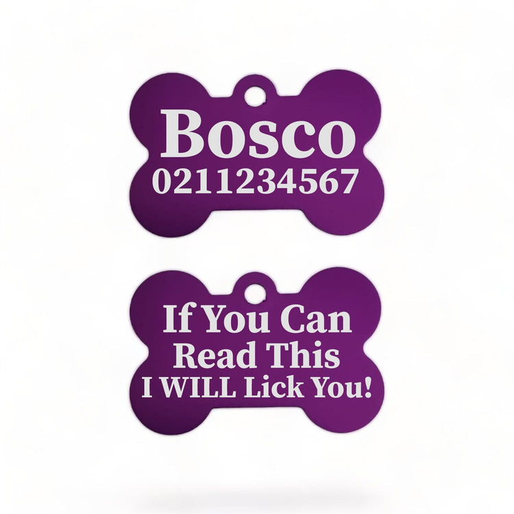 ⭐️Purr. Meow. Woof.⭐️ - If You Can Read This I Will Lick You | Bone Aluminium | Dog ID Pet Tag - Purple