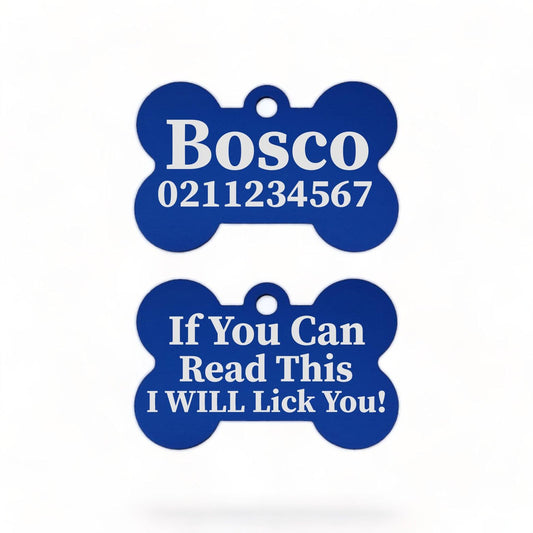 ⭐️Purr. Meow. Woof.⭐️ - If You Can Read This I Will Lick You | Bone Aluminium | Dog ID Pet Tag - RoyalBlue