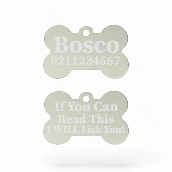 ⭐️Purr. Meow. Woof.⭐️ - If You Can Read This I Will Lick You | Bone Aluminium | Dog ID Pet Tag - Silver