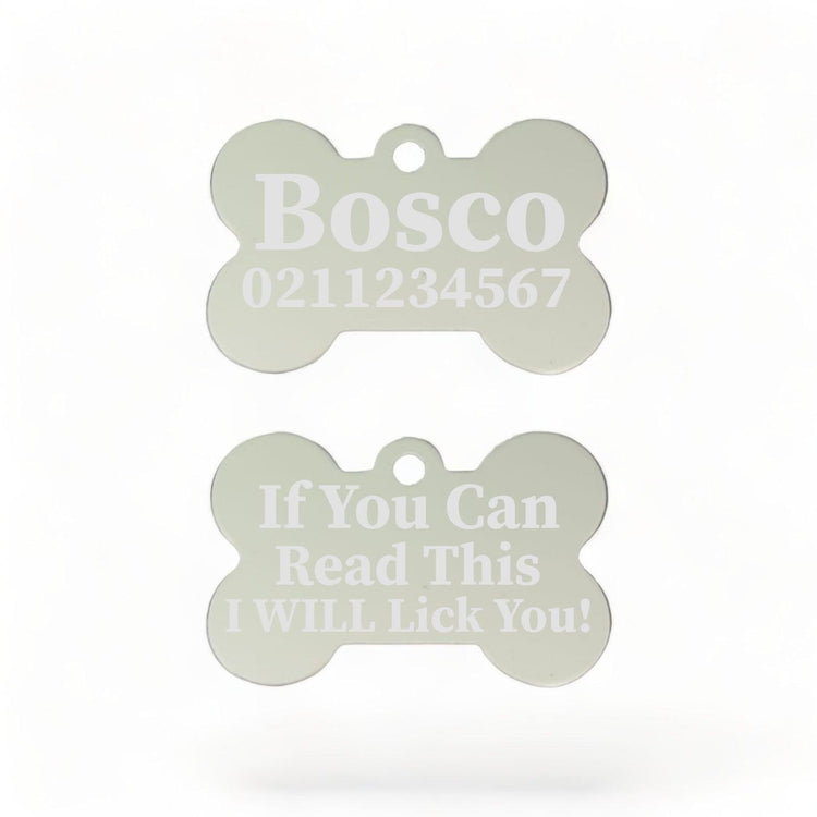 ⭐️Purr. Meow. Woof.⭐️ - If You Can Read This I Will Lick You | Bone Aluminium | Dog ID Pet Tag - Silver
