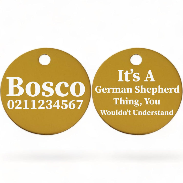 ⭐️Purr. Meow. Woof.⭐️ - It's a ... Breed Thing, You Wouldn't Understand | Round Aluminium | Dog ID Pet Tag - Gold