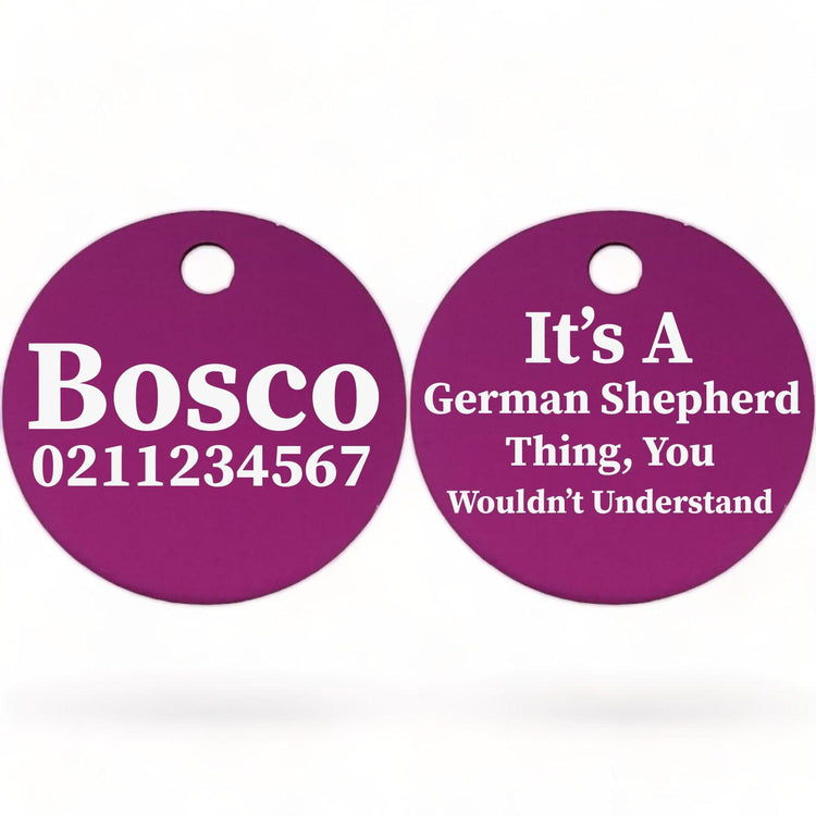 ⭐️Purr. Meow. Woof.⭐️ - It's a ... Breed Thing, You Wouldn't Understand | Round Aluminium | Dog ID Pet Tag - Purple
