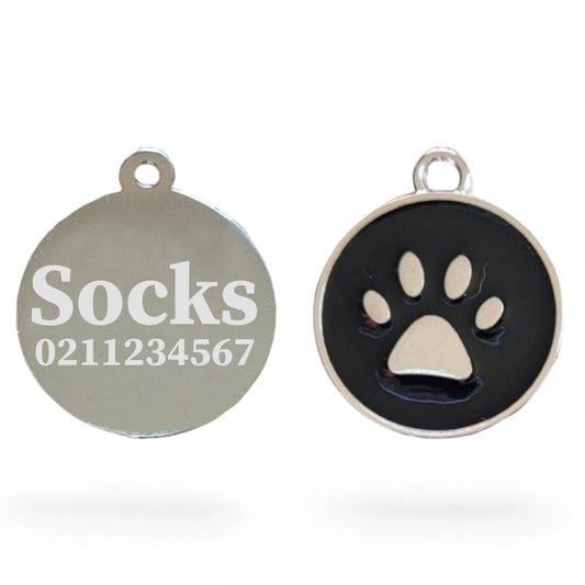 ⭐️Purr. Meow. Woof.⭐️ - Light Paw Print Round Cat & Dog ID Tag - Black