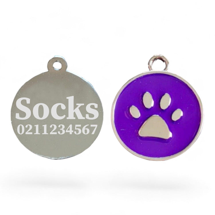 ⭐️Purr. Meow. Woof.⭐️ - Light Paw Print Round Cat & Dog ID Tag - Purple