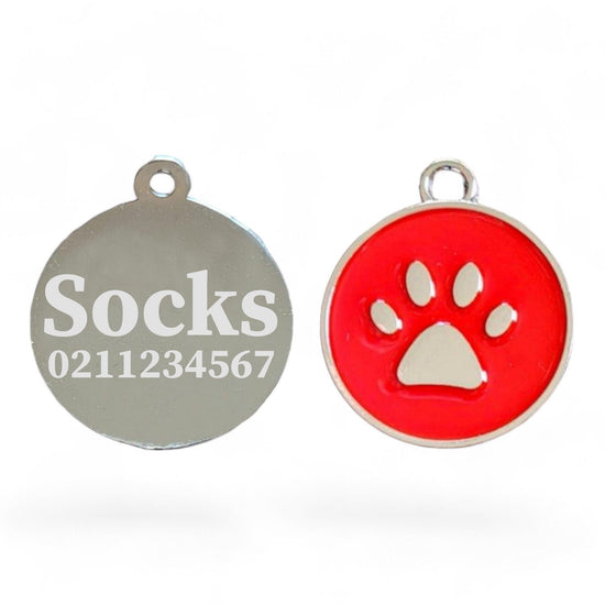 ⭐️Purr. Meow. Woof.⭐️ - Light Paw Print Round Cat & Dog ID Tag - Red
