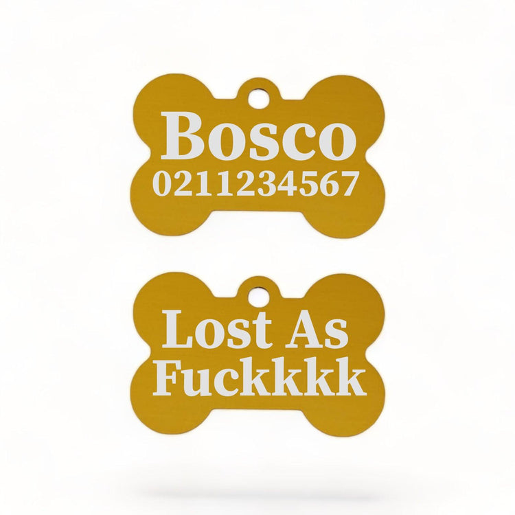 ⭐️Purr. Meow. Woof.⭐️ - Lost As Fuckkkk | Bone Aluminium | Dog ID Pet Tag - Gold