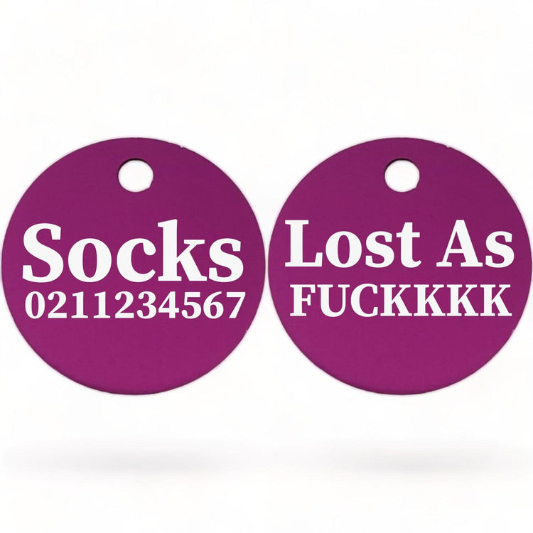 ⭐️Purr. Meow. Woof.⭐️ - Lost As Fuckkkk! | Round Aluminium | Cat & Kitten ID Pet Tag - Purple