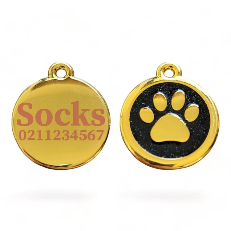 ⭐️Purr. Meow. Woof.⭐️ - Mini Round Gold Paw Print Cat ID Pet Tag - Black
