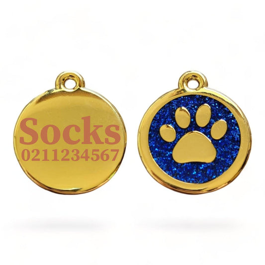 ⭐️Purr. Meow. Woof.⭐️ - Mini Round Gold Paw Print Cat ID Pet Tag - Blue