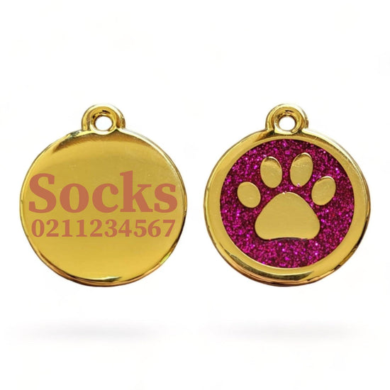 ⭐️Purr. Meow. Woof.⭐️ - Mini Round Gold Paw Print Cat ID Pet Tag - DeepPink