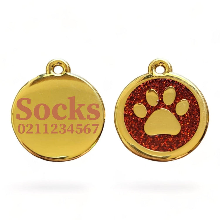 ⭐️Purr. Meow. Woof.⭐️ - Mini Round Gold Paw Print Cat ID Pet Tag - FireBrick