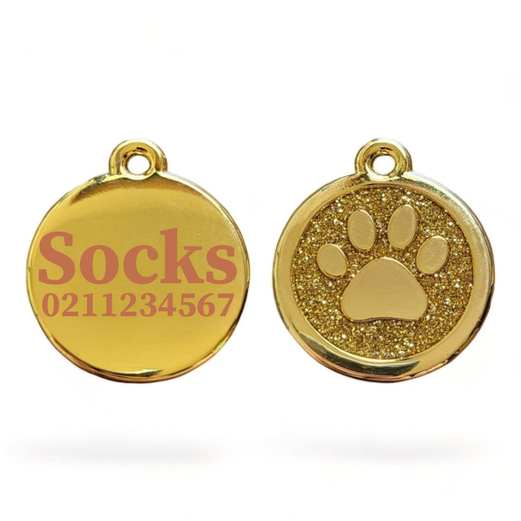 ⭐️Purr. Meow. Woof.⭐️ - Mini Round Gold Paw Print Cat ID Pet Tag - Gold