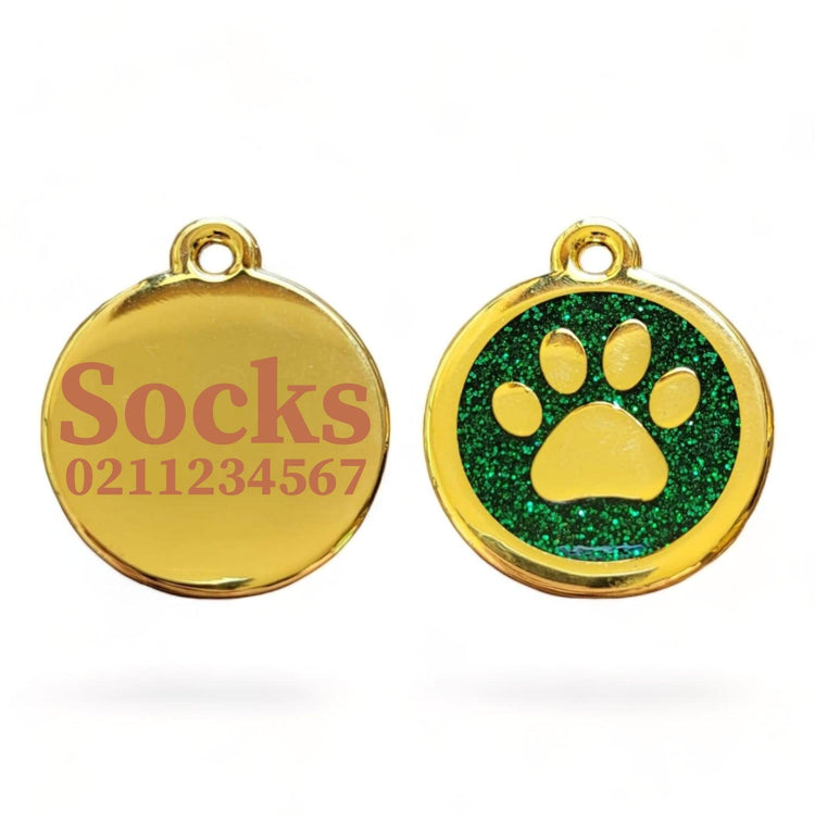 ⭐️Purr. Meow. Woof.⭐️ - Mini Round Gold Paw Print Cat ID Pet Tag - Green