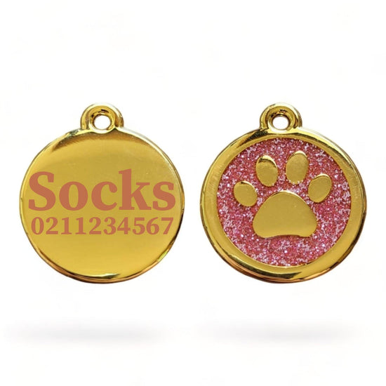 ⭐️Purr. Meow. Woof.⭐️ - Mini Round Gold Paw Print Cat ID Pet Tag - LightPink