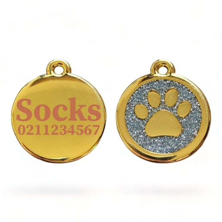 ⭐️Purr. Meow. Woof.⭐️ - Mini Round Gold Paw Print Cat ID Pet Tag - LightPink