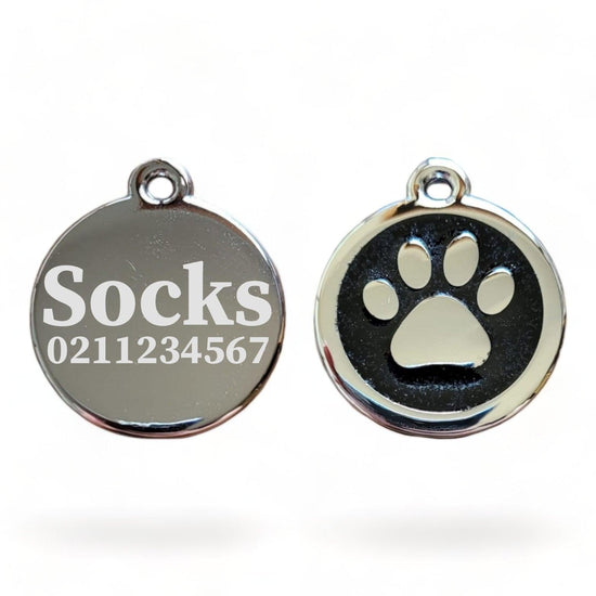 ⭐️Purr. Meow. Woof.⭐️ - Mini Round Paw Print Cat & Dog ID Pet Tag - Black / Cat (Small)