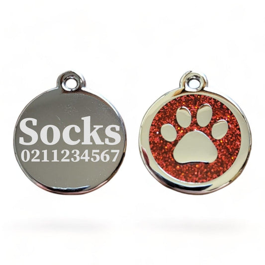 ⭐️Purr. Meow. Woof.⭐️ - Mini Round Paw Print Cat & Dog ID Pet Tag - FireBrick / Cat (Small)