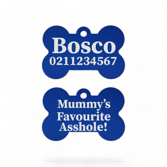 ⭐️Purr. Meow. Woof.⭐️ - Mummy's / Daddy's Favourite Asshole | Bone Aluminium | Dog ID Pet Tag - RoyalBlue / Mum