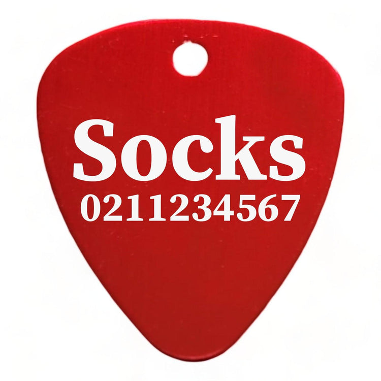 ⭐️Purr. Meow. Woof.⭐️ - Name & Number Front Guitar Pick Cat, Kitten & Dog ID Pet Tag - Firebrick