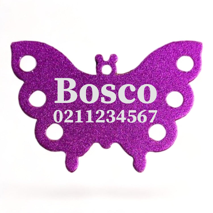 ⭐️Purr. Meow. Woof.⭐️ - Name & Number Front | Butterfly Aluminum | Dog ID Pet Tag - Purple