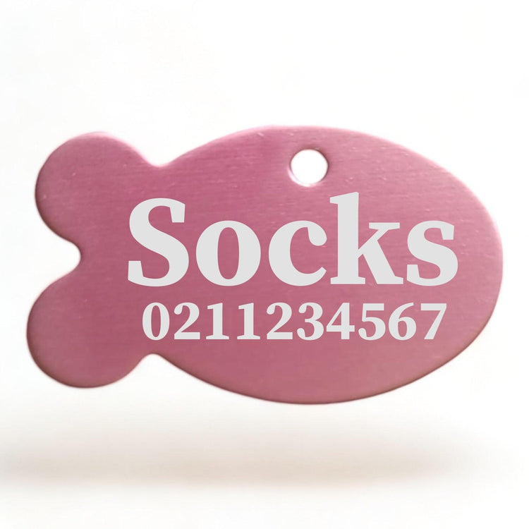 ⭐️Purr. Meow. Woof.⭐️ - Name & Number Front | Fish Aluminum | Cat, Kitten & Dog ID Pet Tag - LightPink