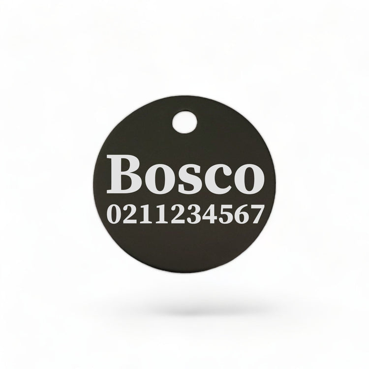 ⭐️Purr. Meow. Woof.⭐️ - Name & Number Front | Round Aluminium | Cat, Kitten & Dog ID Pet Tag - Black / Dog (Large)