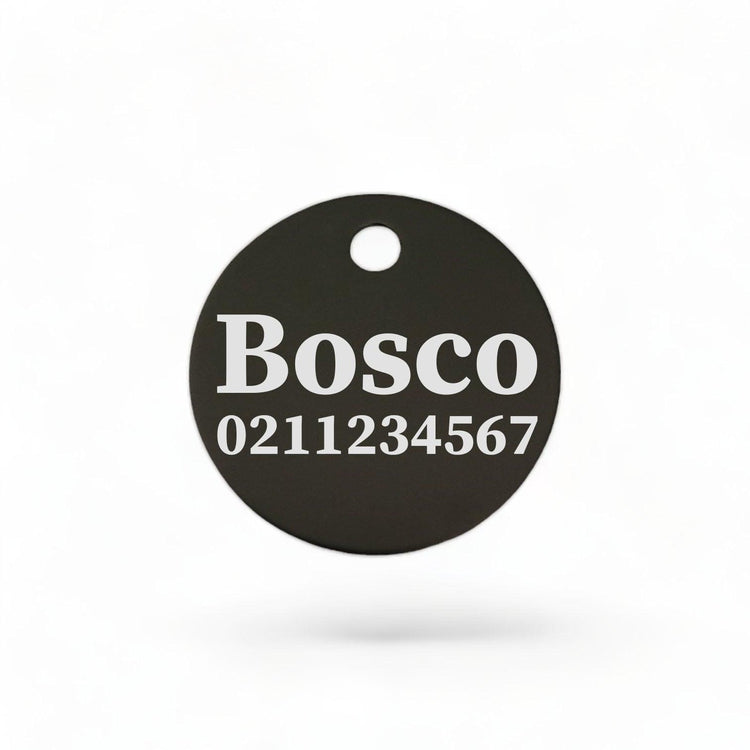 ⭐️Purr. Meow. Woof.⭐️ - Name & Number Front | Round Aluminium | Dog ID Pet Tag - Black