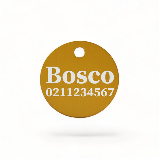⭐️Purr. Meow. Woof.⭐️ - Name & Number Front | Round Aluminium | Dog ID Pet Tag - Gold