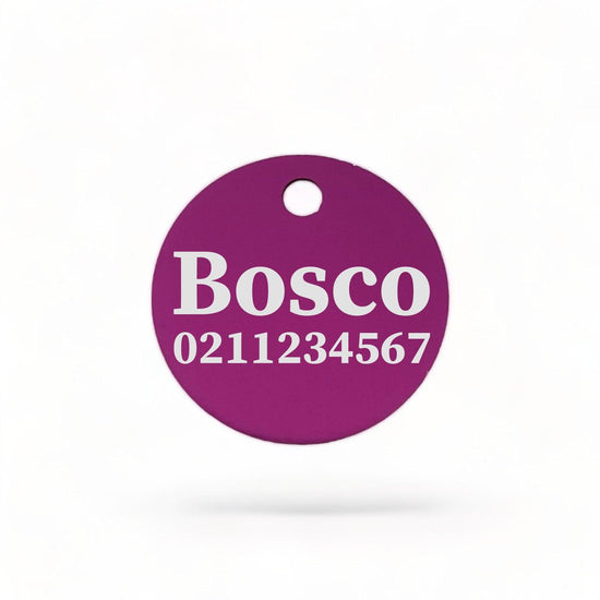 ⭐️Purr. Meow. Woof.⭐️ - Name & Number Front | Round Aluminium | Dog ID Pet Tag - Purple