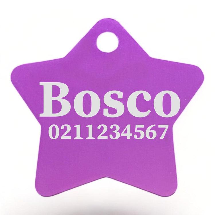 ⭐️Purr. Meow. Woof.⭐️ - Name & Number Front | Star Aluminum | Cat, Kitten & Dog ID Pet Tag - Purple / Large (Dog)