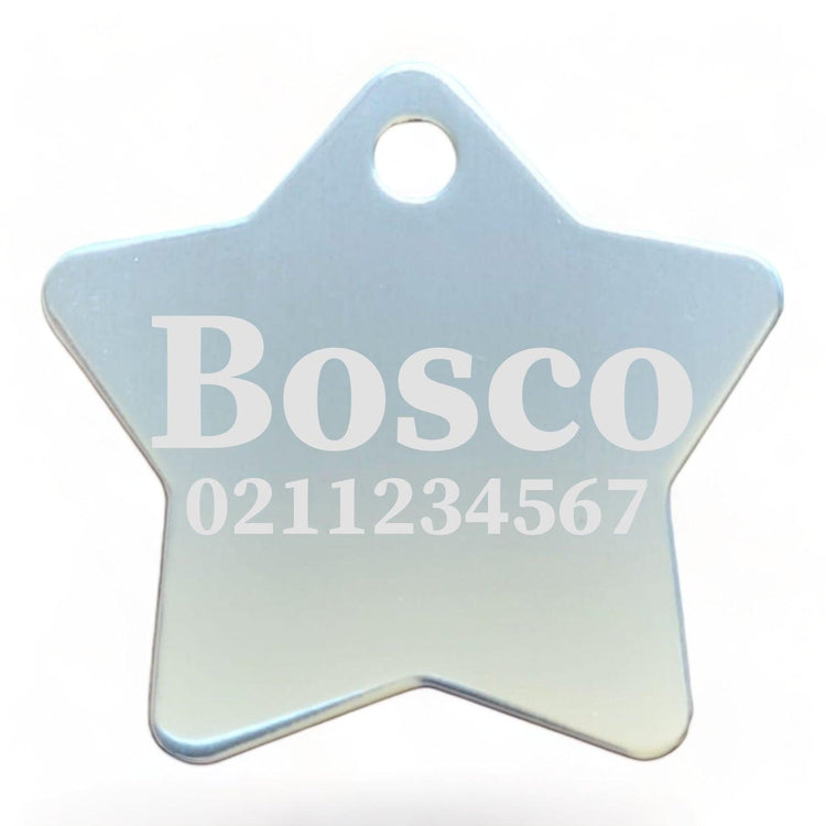 ⭐️Purr. Meow. Woof.⭐️ - Name & Number Front | Star Aluminum | Cat, Kitten & Dog ID Pet Tag - Silver / Large (Dog)