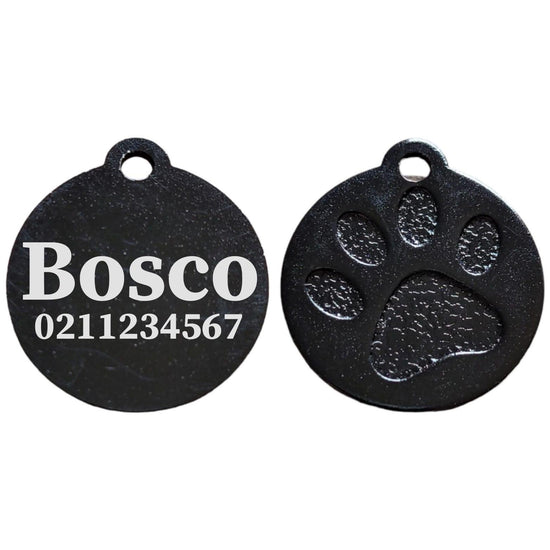 ⭐️Purr. Meow. Woof.⭐️ - Name & Number Front Round | Paw Print Aluminium | Cat, Kitten & Dog ID Pet Tag - Black / Large (Dog)