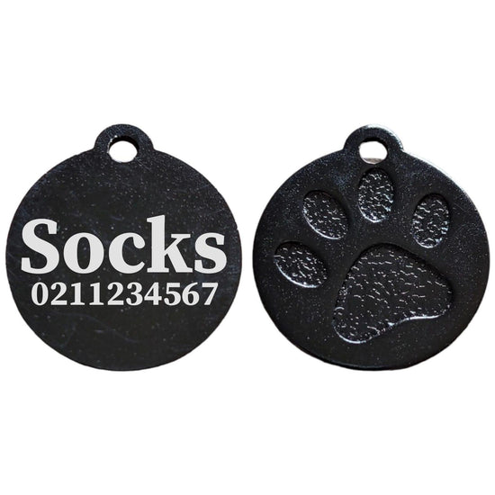 ⭐️Purr. Meow. Woof.⭐️ - Name & Number Front Round | Paw Print Aluminium | Cat, Kitten & Dog ID Pet Tag - Black / Small (Cat)
