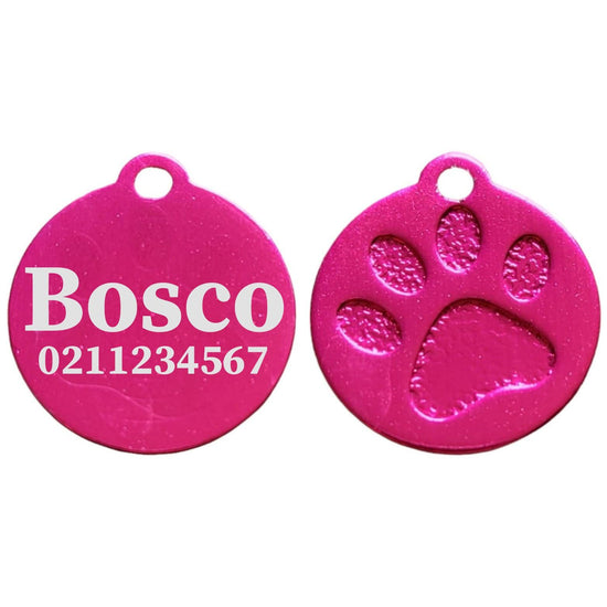 ⭐️Purr. Meow. Woof.⭐️ - Name & Number Front Round | Paw Print Aluminium | Cat, Kitten & Dog ID Pet Tag - DeepPink / Large (Dog)