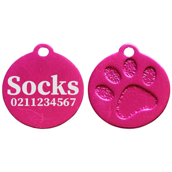 ⭐️Purr. Meow. Woof.⭐️ - Name & Number Front Round | Paw Print Aluminium | Cat, Kitten & Dog ID Pet Tag - DeepPink / Small (Cat)
