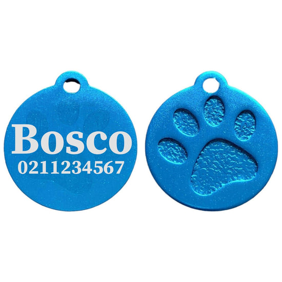 ⭐️Purr. Meow. Woof.⭐️ - Name & Number Front Round | Paw Print Aluminium | Cat, Kitten & Dog ID Pet Tag - DodgerBlue / Large (Dog)