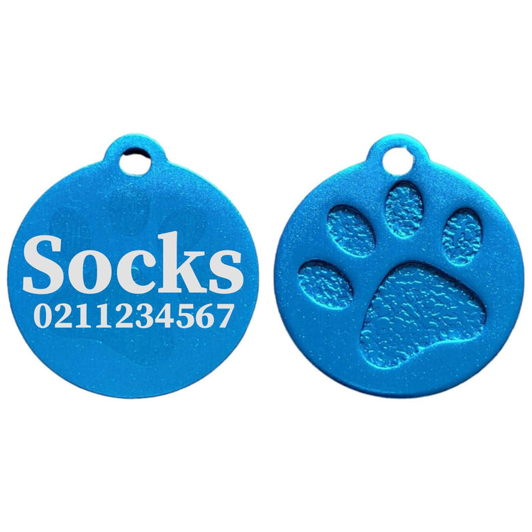 ⭐️Purr. Meow. Woof.⭐️ - Name & Number Front Round | Paw Print Aluminium | Cat, Kitten & Dog ID Pet Tag - DodgerBlue / Small (Cat)