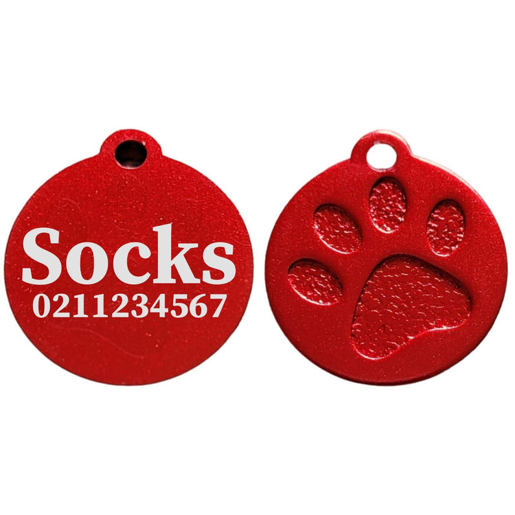 ⭐️Purr. Meow. Woof.⭐️ - Name & Number Front Round | Paw Print Aluminium | Cat, Kitten & Dog ID Pet Tag - Firebrick / Small (Cat)